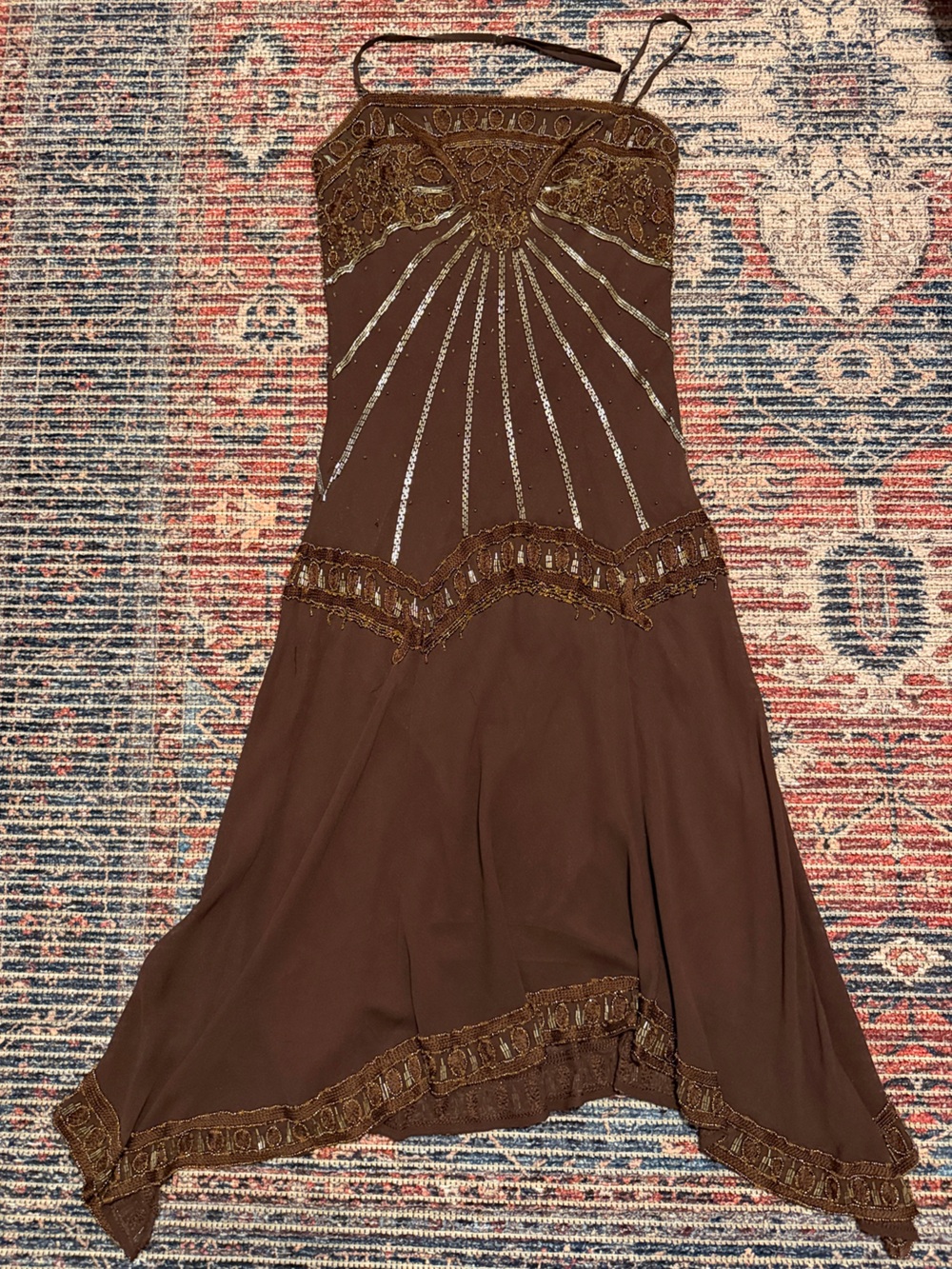 Sue Wong Brown Beaded Knee length Dress